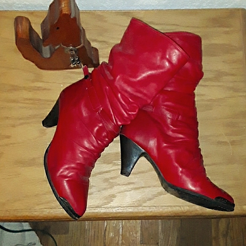 VTG Red Leather Zodiac High Heel Slouch Boots
